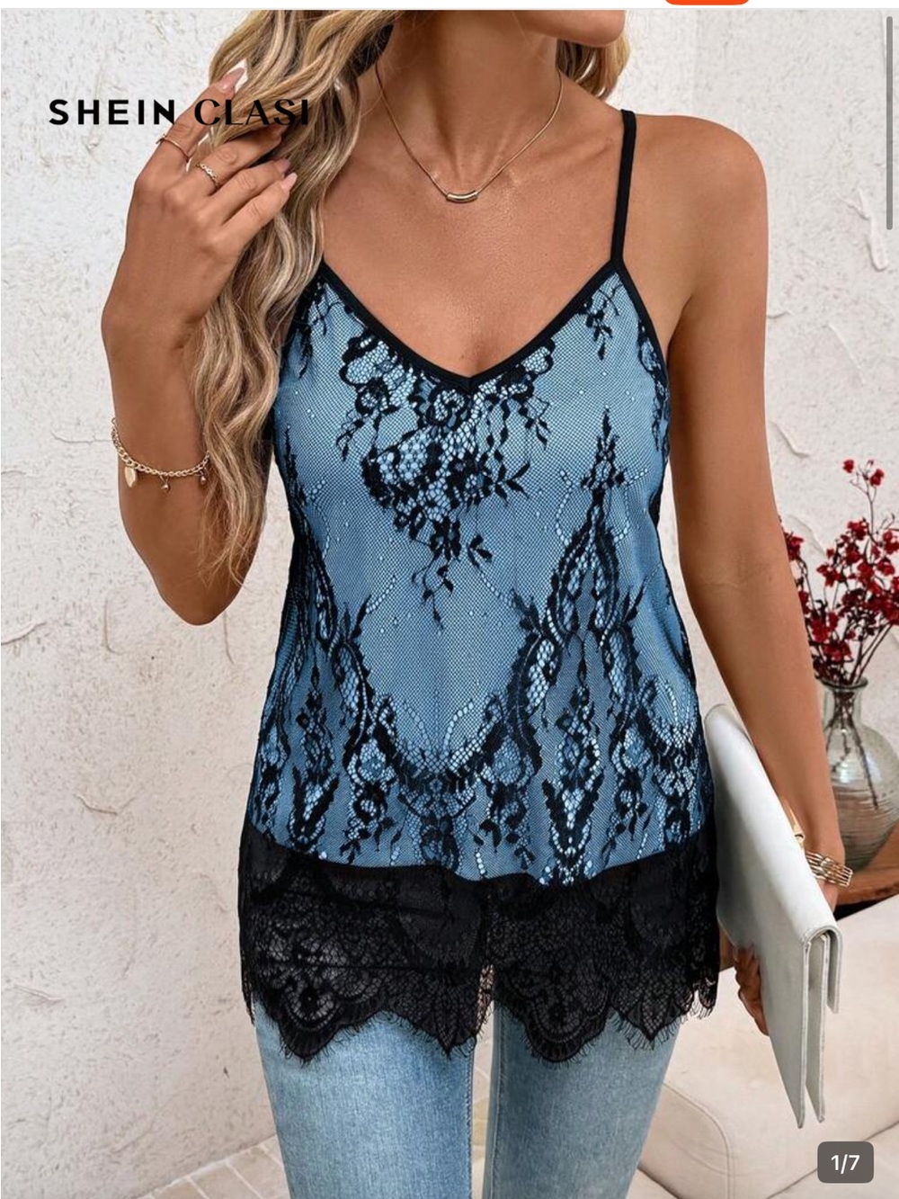 SHEIN Sky Blue Lace Trim Cami Top with Black Lace Hem
